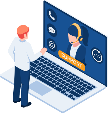 Isometric businessman standing in front of laptop with online customer service